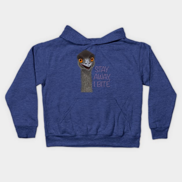 Caution, emu bites, stay away Kids Hoodie by Tefra